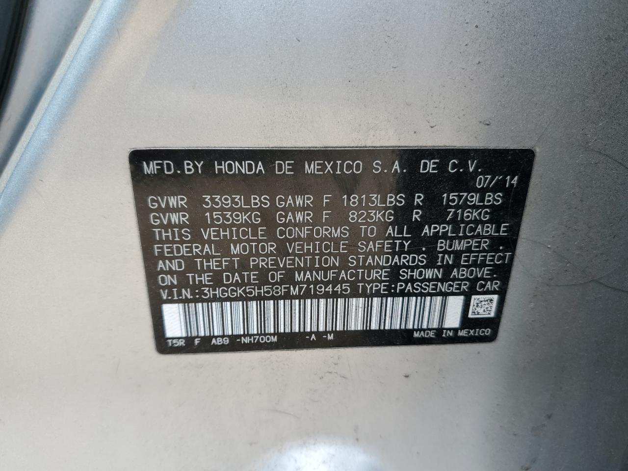 2015 Honda Fit Lx VIN: 3HGGK5H58FM719445 Lot: 61098365
