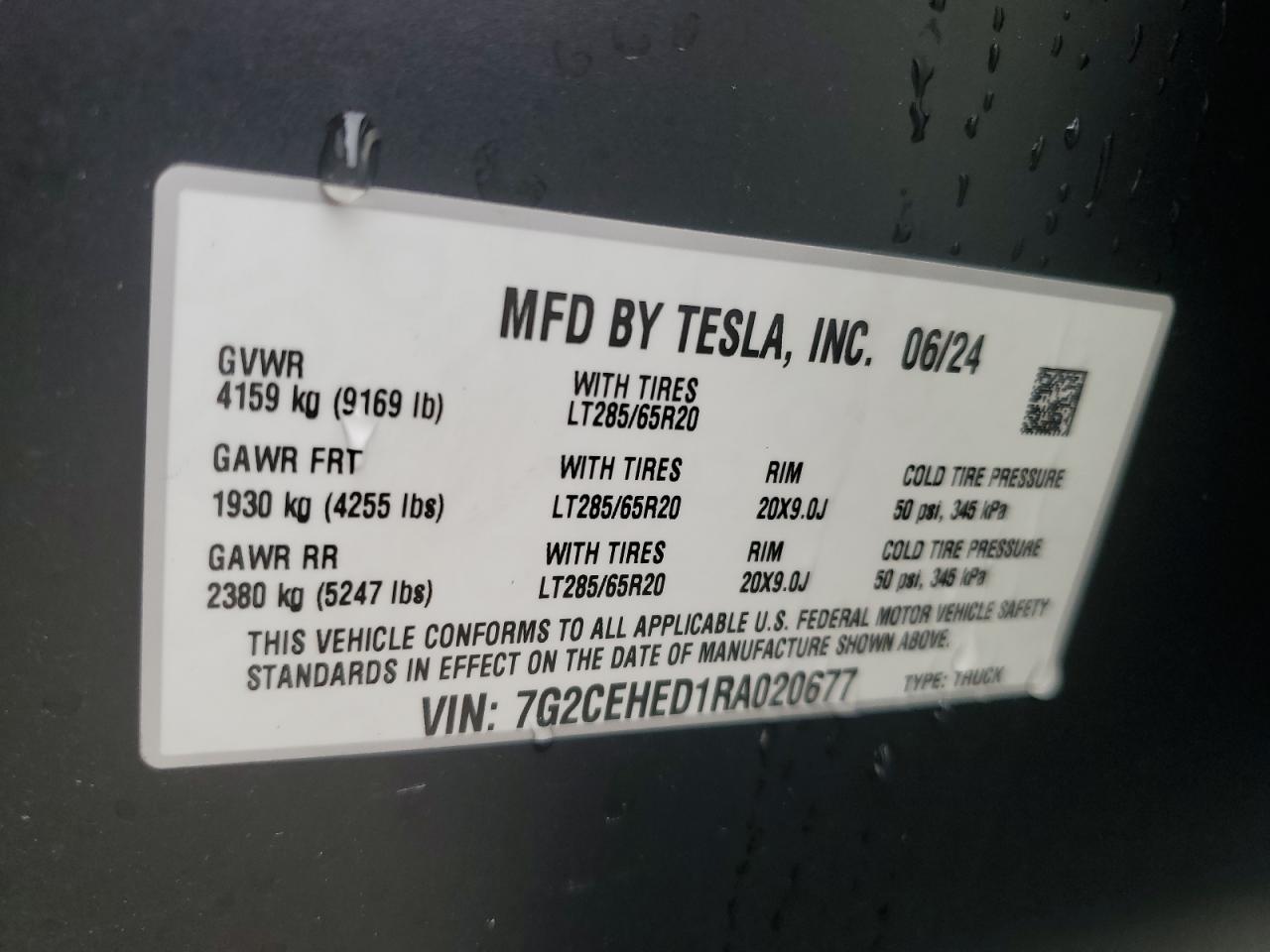 2024 Tesla Cybertruck VIN: 7G2CEHED1RA020677 Lot: 63225105