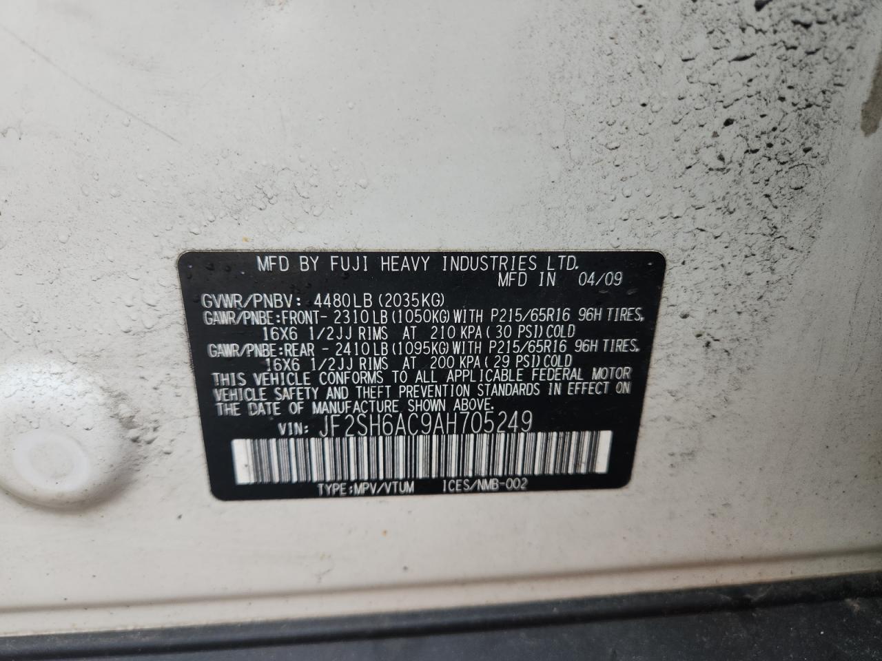 2010 Subaru Forester 2.5X VIN: JF2SH6AC9AH705249 Lot: 64106055
