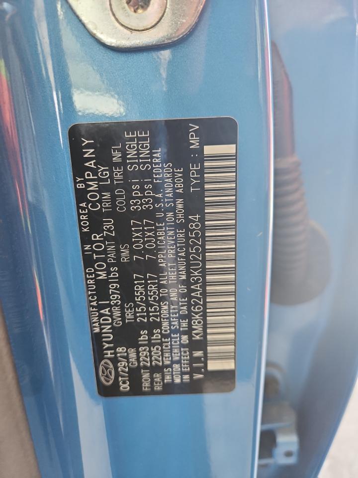 2019 Hyundai Kona Sel VIN: KM8K62AA3KU252584 Lot: 65356695