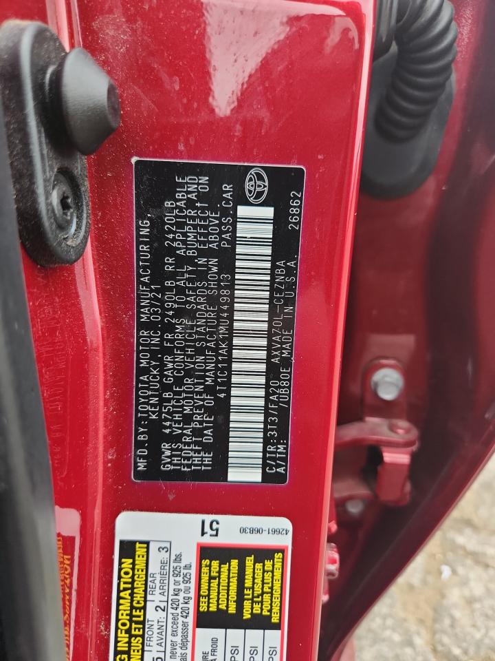 2021 Toyota Camry Le VIN: 4T1C11AK1MU449813 Lot: 65882675