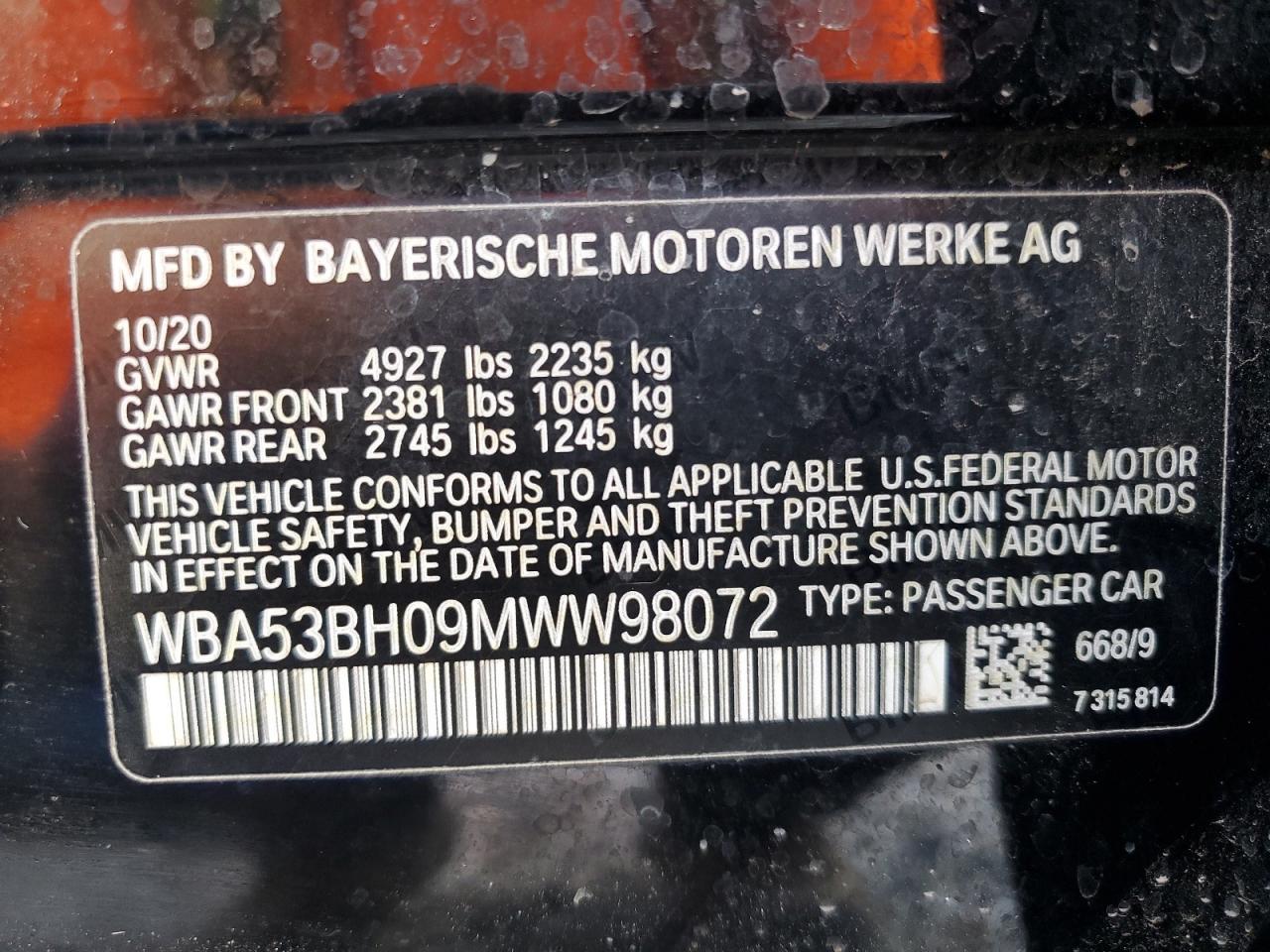 2021 BMW 530 I VIN: WBA53BH09MWW98072 Lot: 65248295