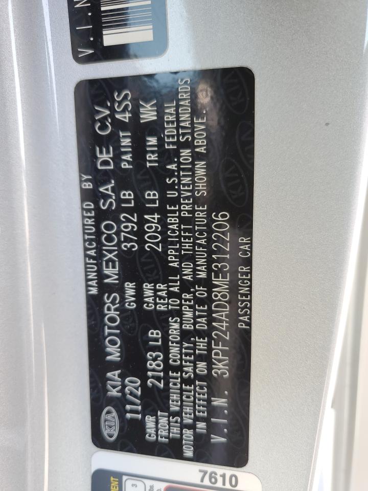 2021 Kia Forte Fe VIN: 3KPF24AD8ME312206 Lot: 64771165