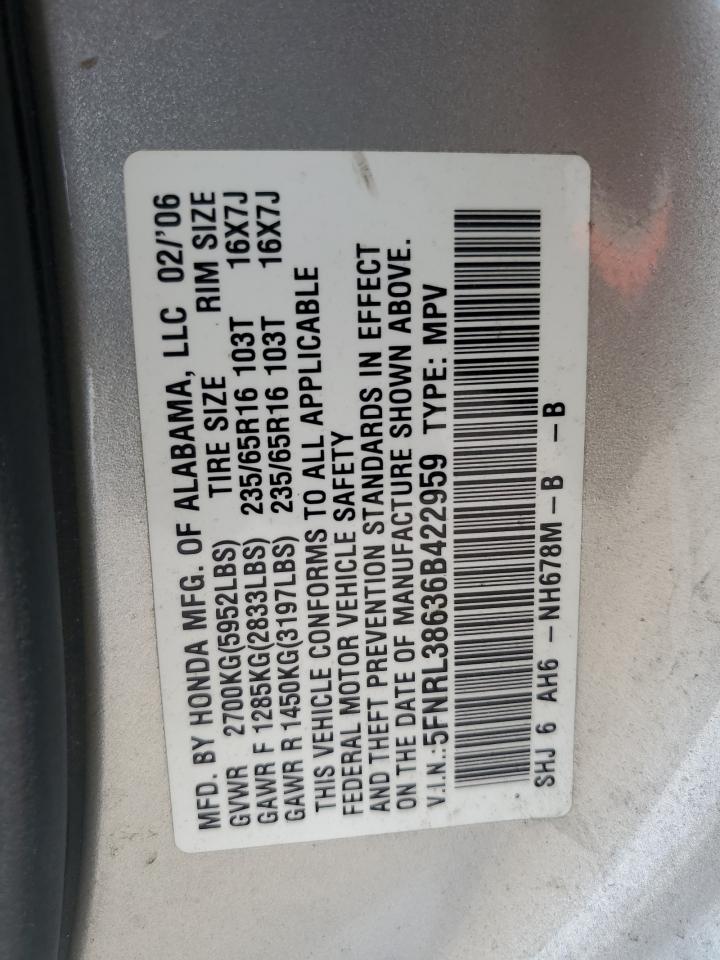 2006 Honda Odyssey Exl VIN: 5FNRL38636B422959 Lot: 65469125