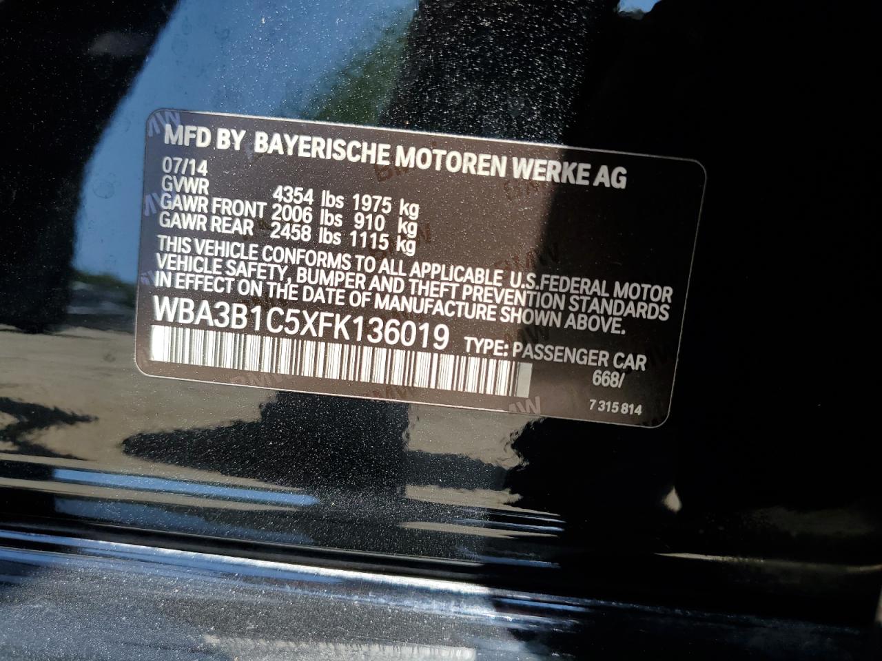 2015 BMW 320 I VIN: WBA3B1C5XFK136019 Lot: 64674675
