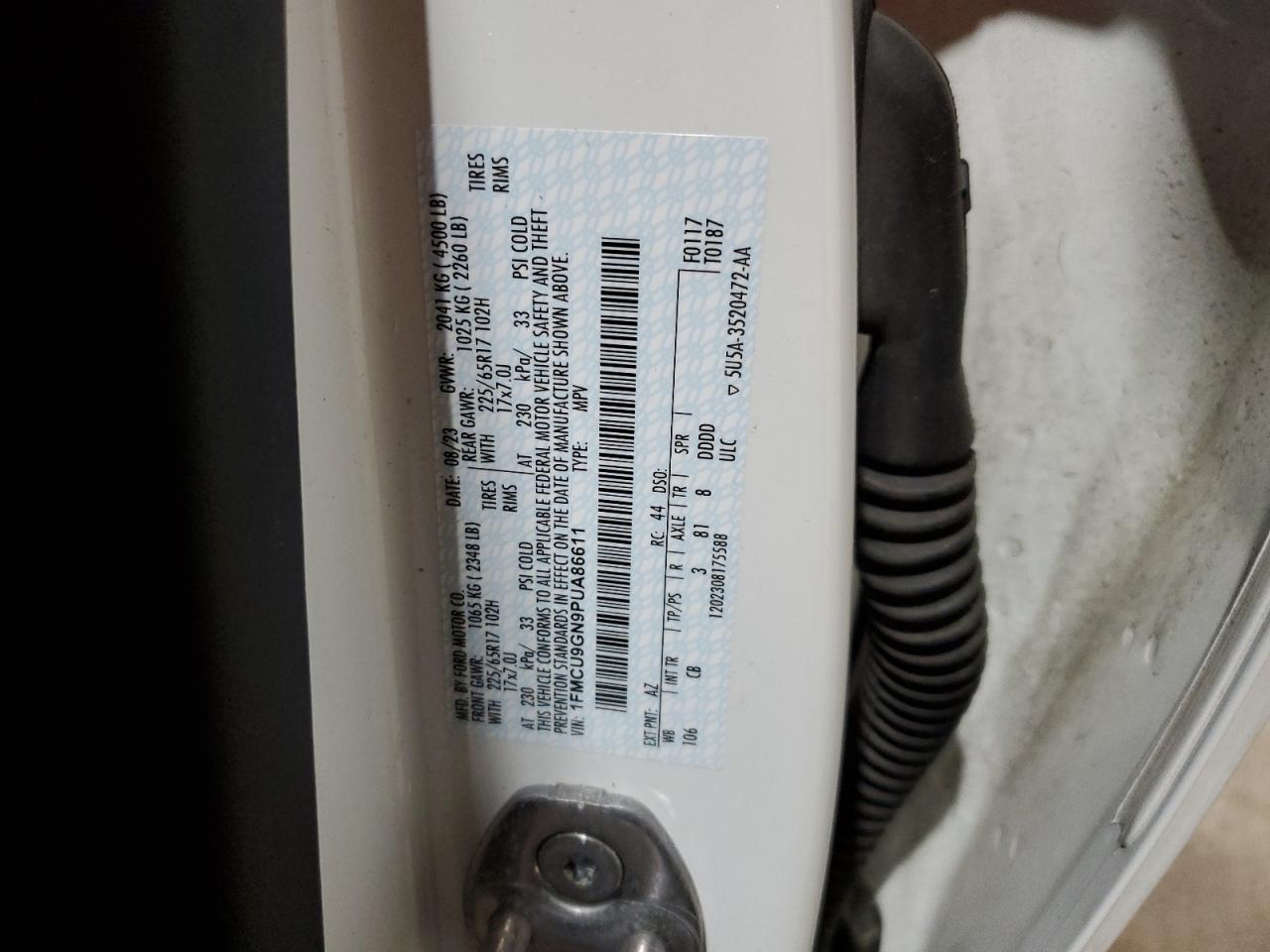 2023 Ford Escape Active VIN: 1FMCU9GN9PUA86611 Lot: 62779145