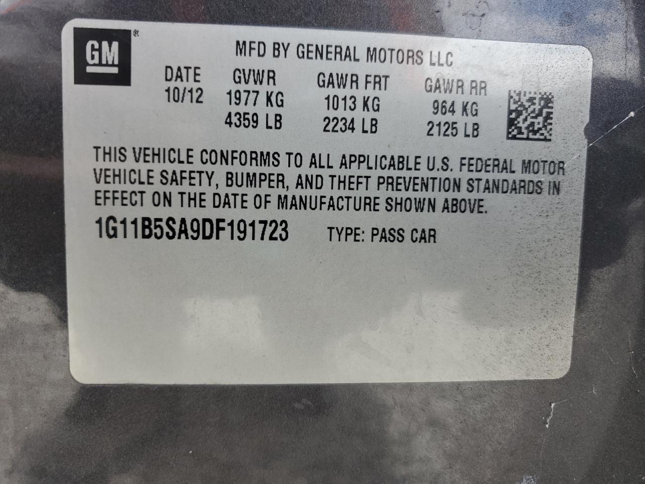 2013 Chevrolet Malibu Ls VIN: 1G11B5SA9DF191723 Lot: 64313585