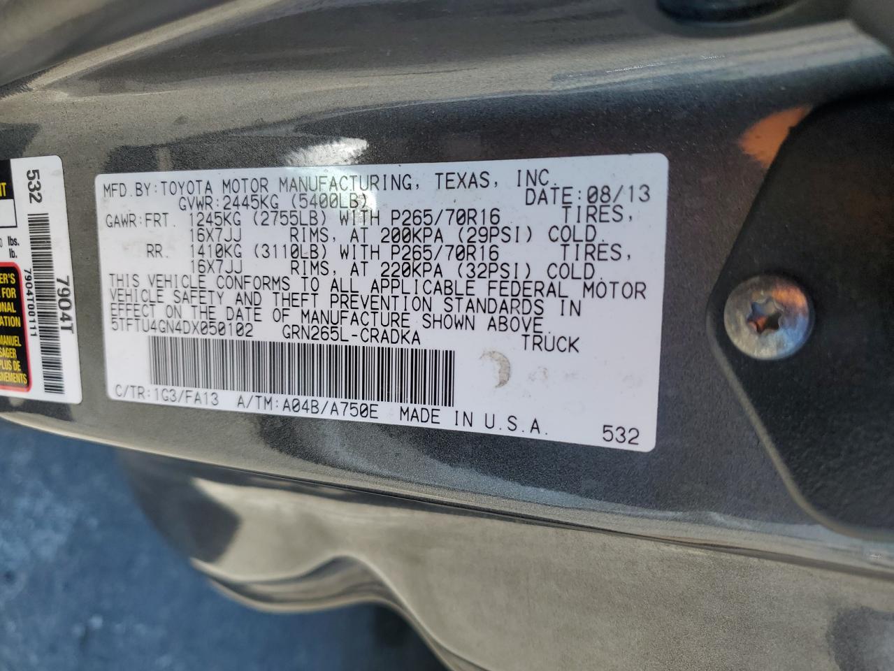 2013 Toyota Tacoma Prerunner Access Cab VIN: 5TFTU4GN4DX050102 Lot: 63283075