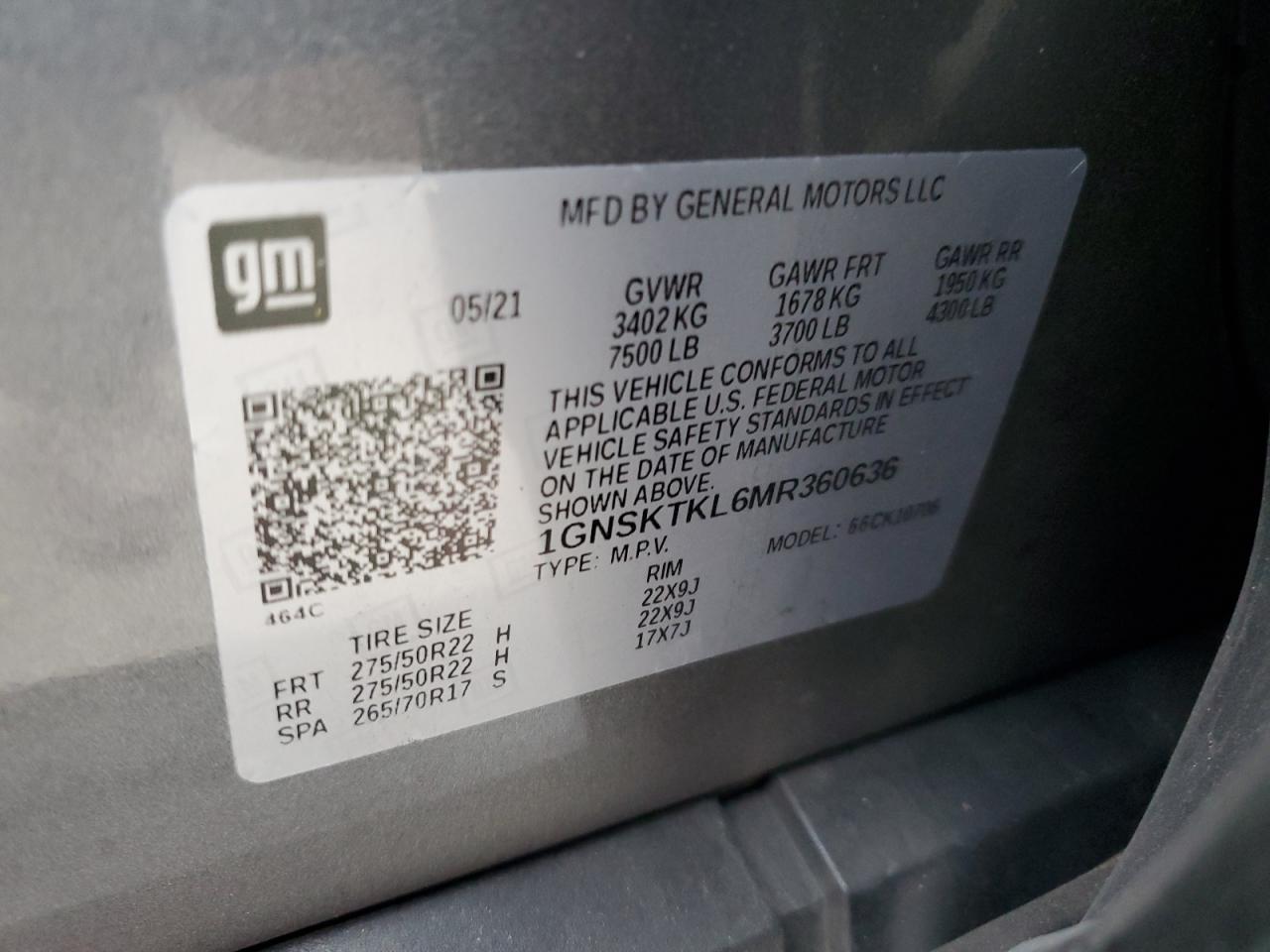 2021 Chevrolet Tahoe K1500 High Country VIN: 1GNSKTKL6MR360636 Lot: 64691805