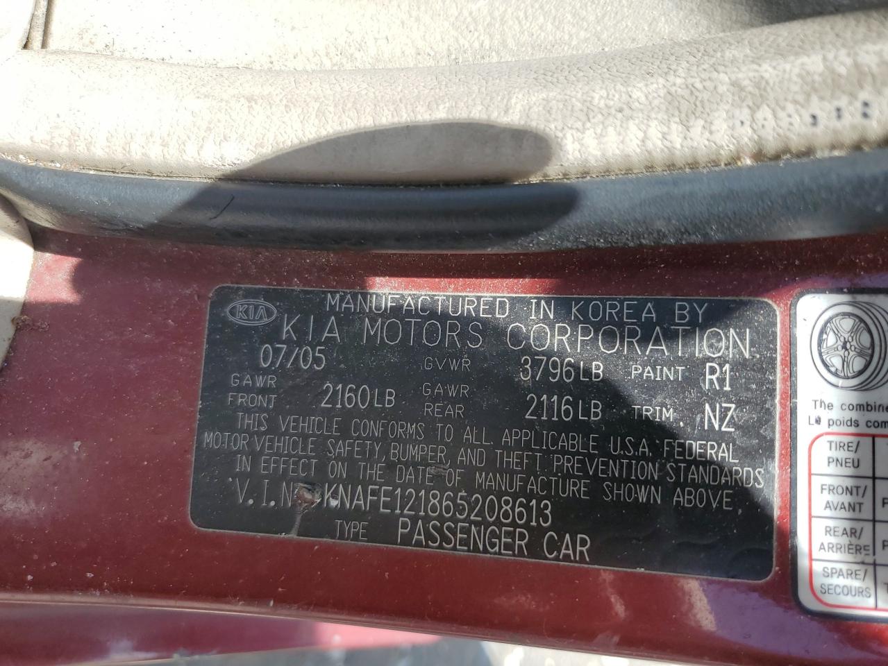 2006 Kia Spectra Lx VIN: KNAFE121865208613 Lot: 63727525