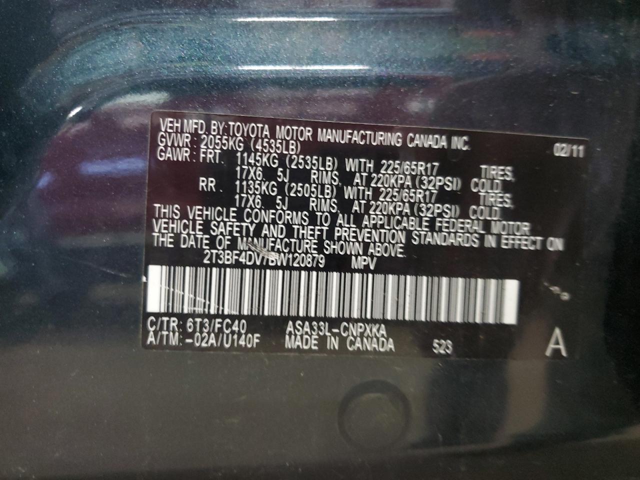 2011 Toyota Rav4 VIN: 2T3BF4DV7BW120879 Lot: 65204295