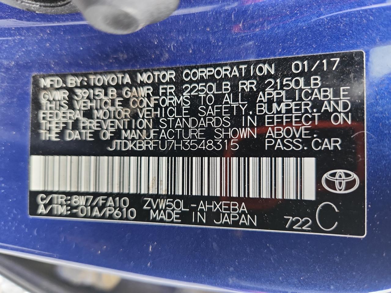 2017 Toyota Prius VIN: JTDKBRFU7H3548315 Lot: 64318555