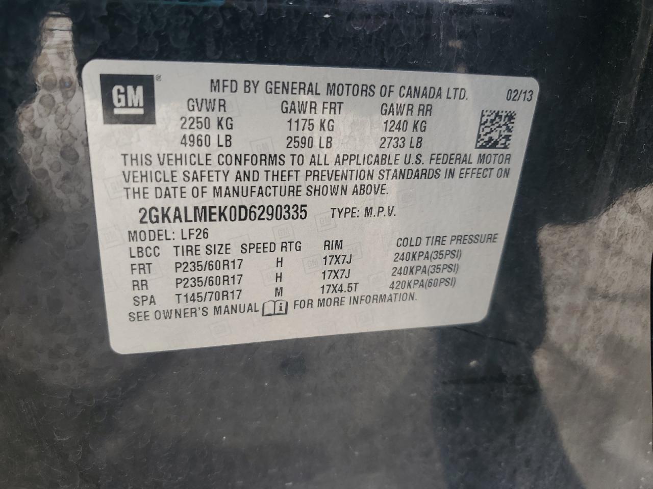 2013 GMC Terrain Sle VIN: 2GKALMEK0D6290335 Lot: 64550085