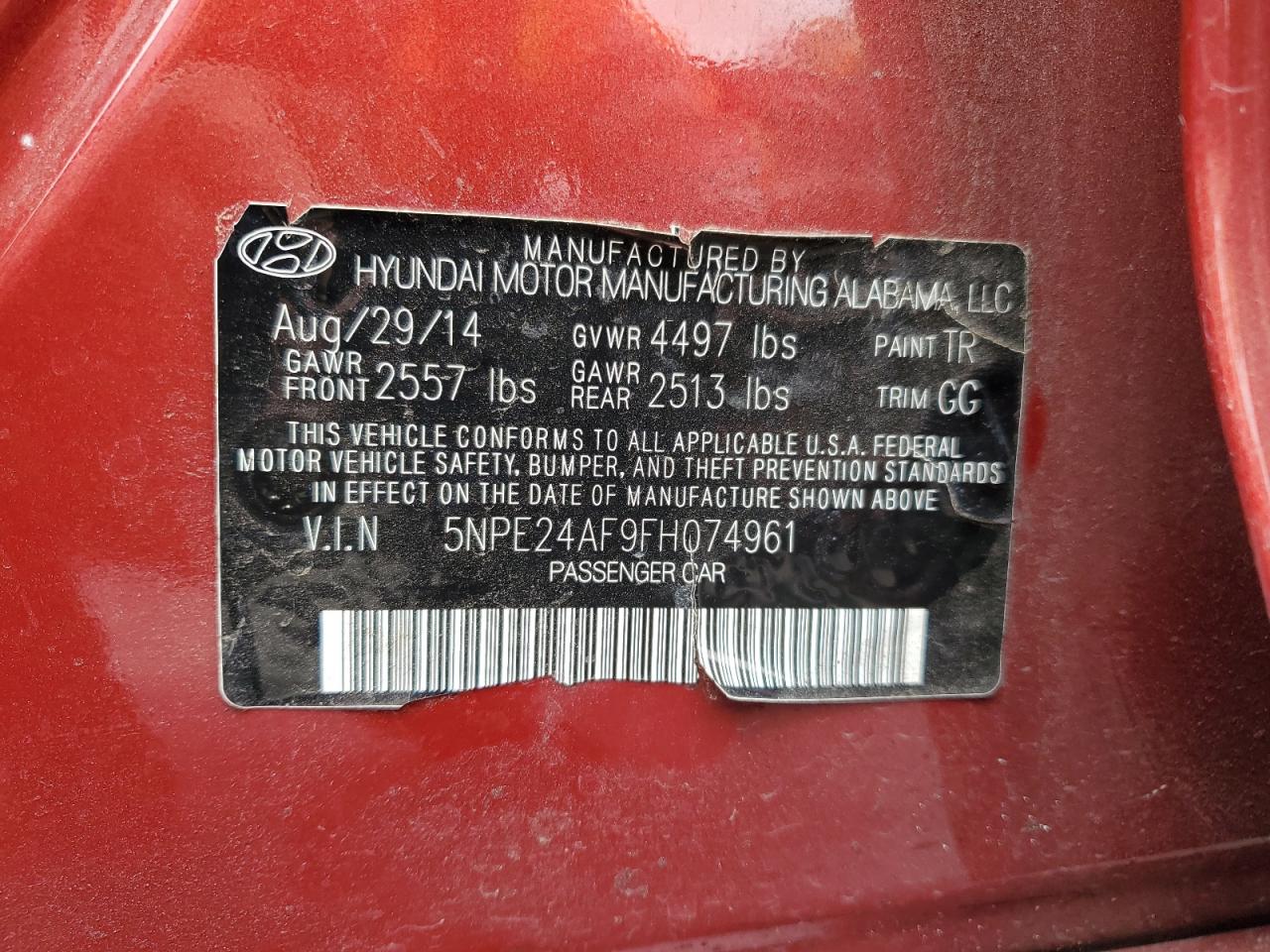 2015 Hyundai Sonata Se VIN: 5NPE24AF9FH074961 Lot: 64652275