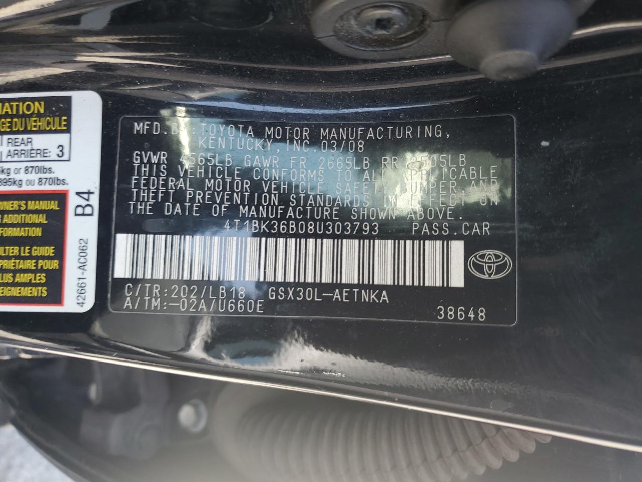 2008 Toyota Avalon Xl VIN: 4T1BK36B08U303793 Lot: 63116545