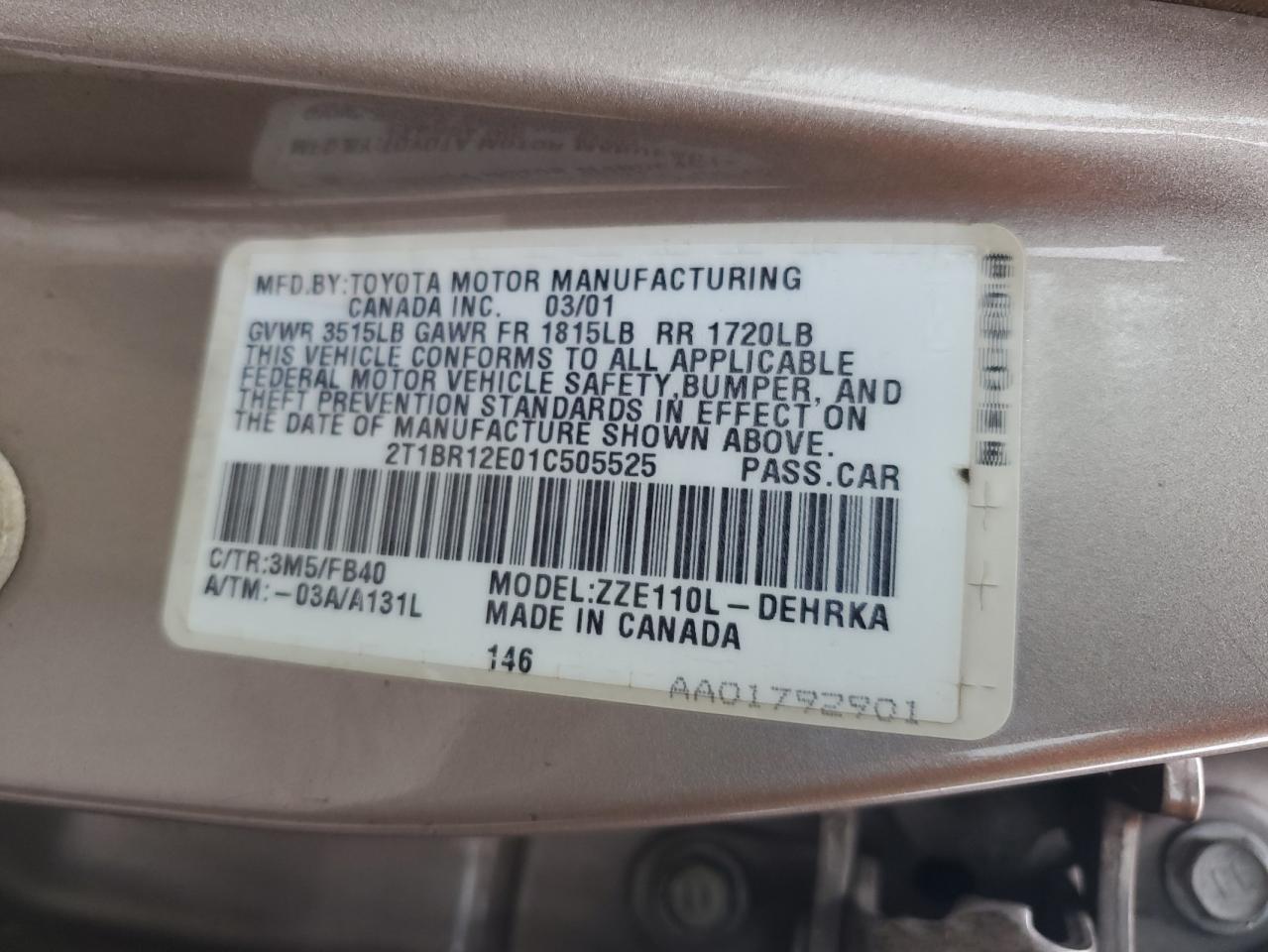 2001 Toyota Corolla Ce VIN: 2T1BR12E01C505525 Lot: 64733155