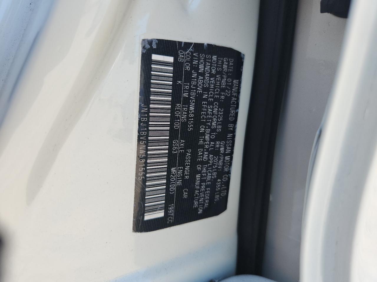 2022 Nissan Rogue Sport Sv VIN: JN1BJ1BV5NW581555 Lot: 64169275