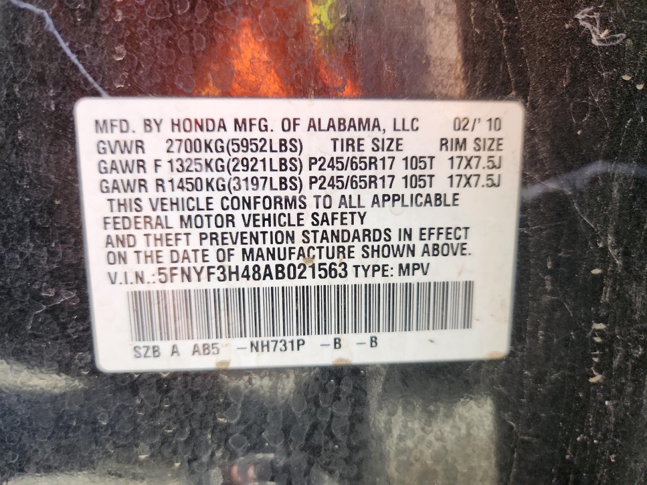 2010 Honda Pilot Ex VIN: 5FNYF3H48AB021563 Lot: 61421905