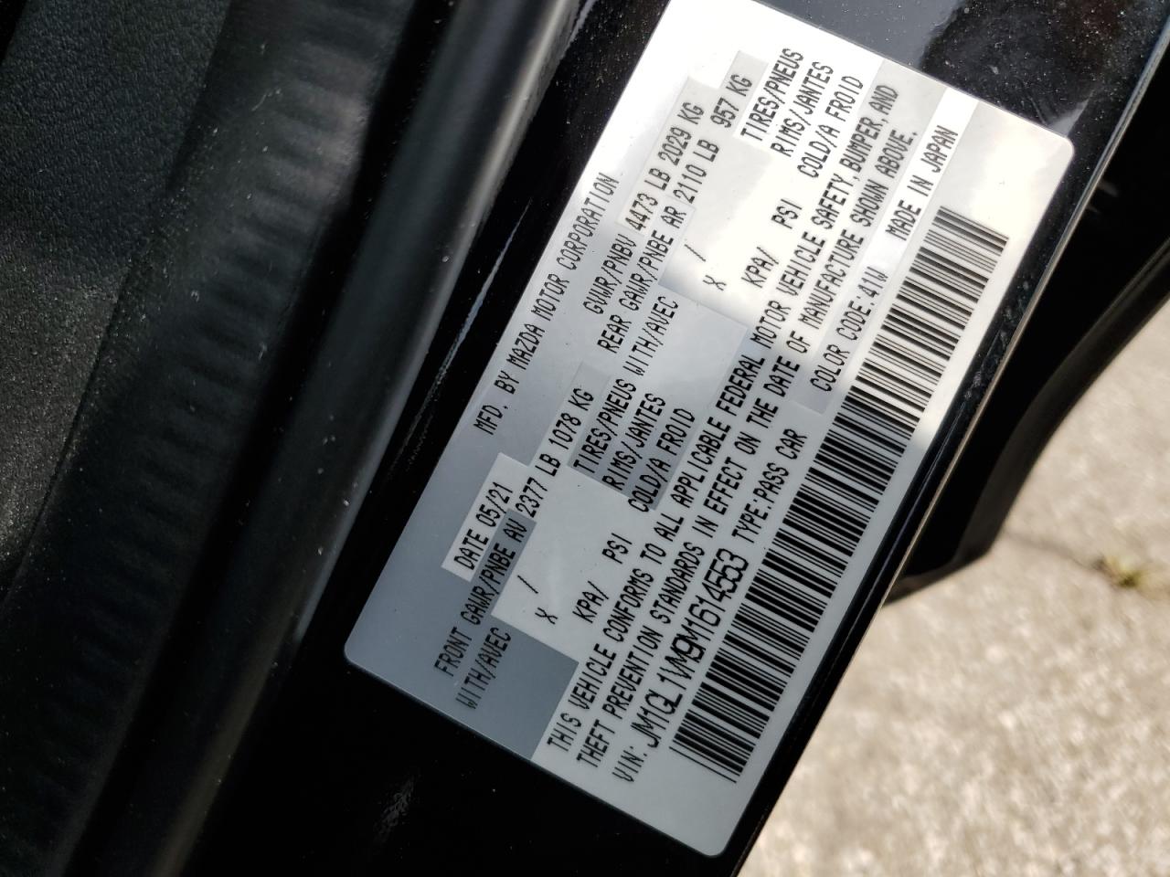 2021 Mazda 6 Touring VIN: JM1GL1VM9M1614553 Lot: 64789965