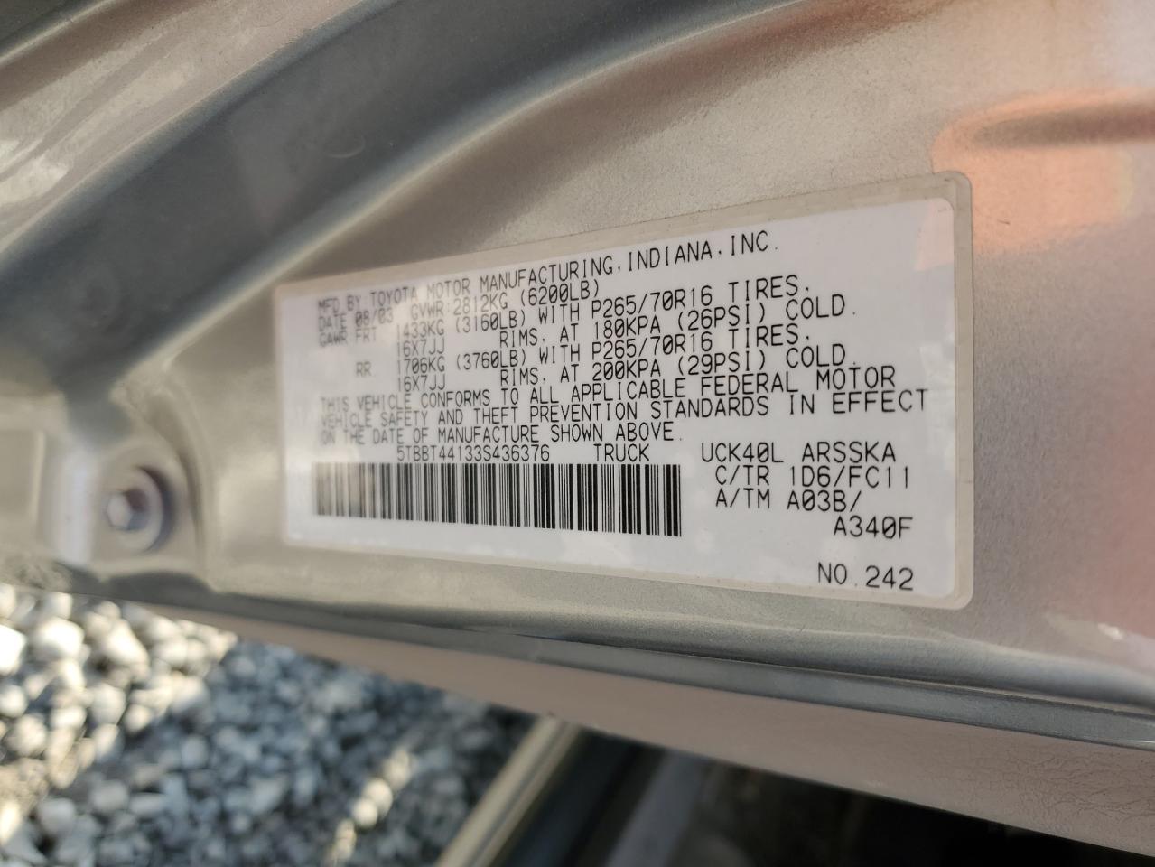 2003 Toyota Tundra Access Cab Sr5 VIN: 5TBBT44133S436376 Lot: 64291845