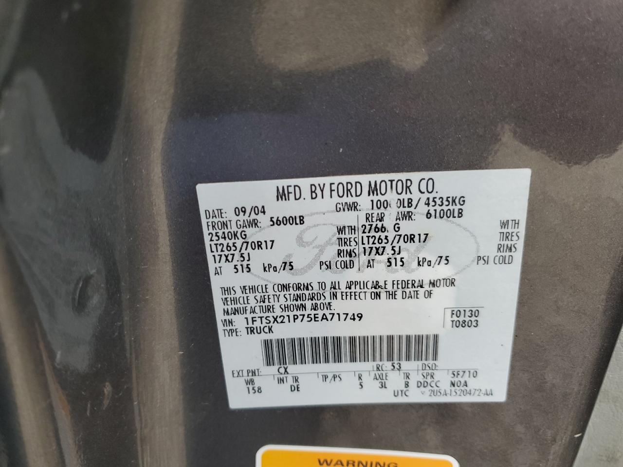 2005 Ford F250 Super Duty VIN: 1FTSX21P75EA71749 Lot: 64941795