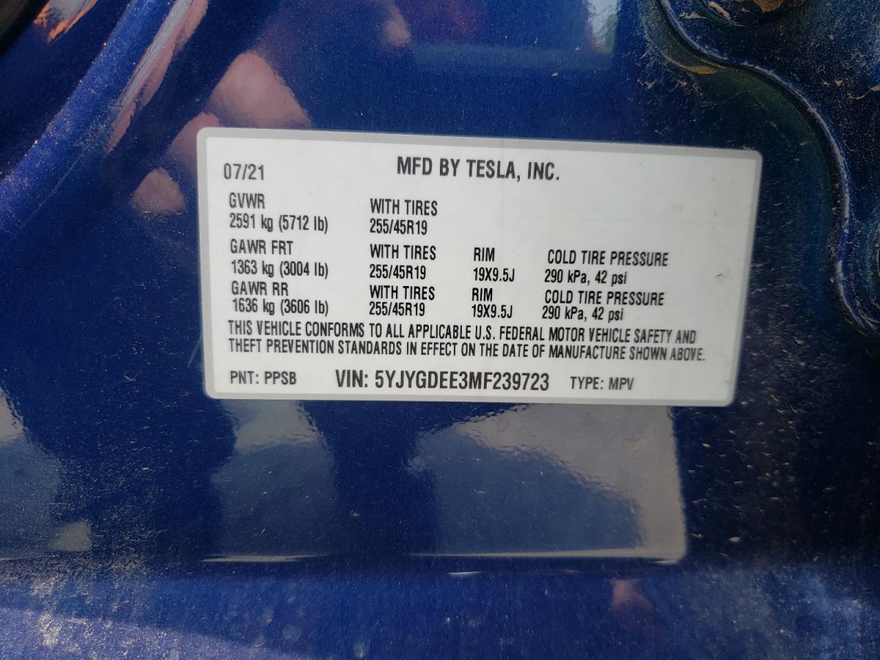 2021 Tesla Model Y VIN: 5YJYGDEE3MF239723 Lot: 62764525