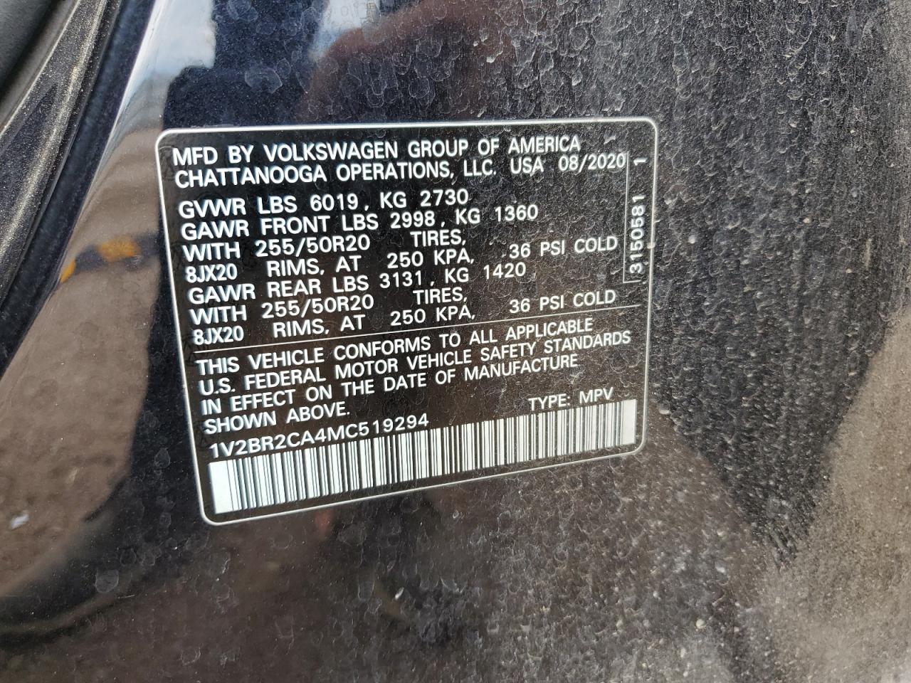 1v2br2ca4mc519294 1V2BR2CA4MC519294 2021 Volkswagen Atlas Sel