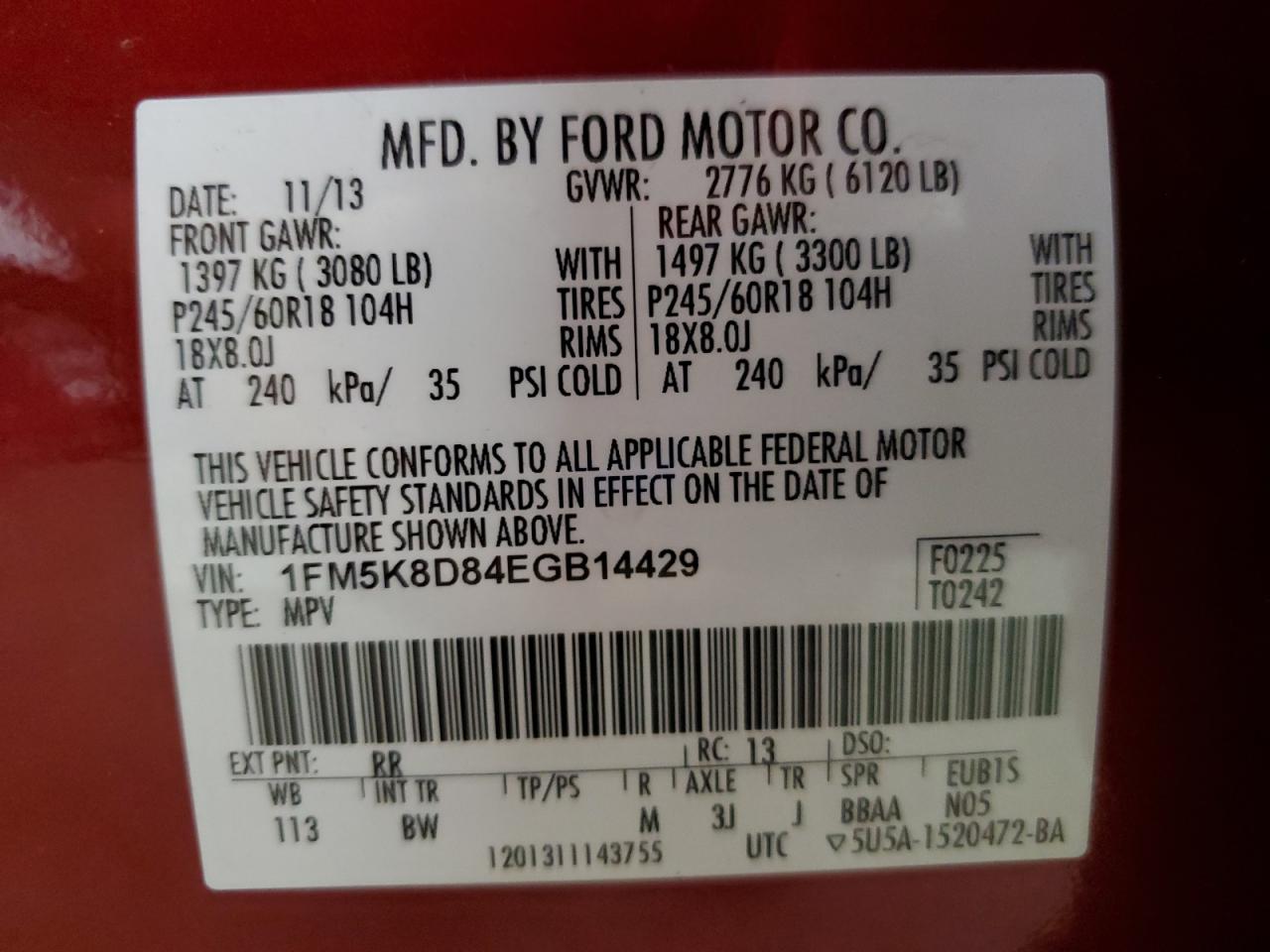 2014 Ford Explorer Xlt VIN: 1FM5K8D84EGB14429 Lot: 65327065