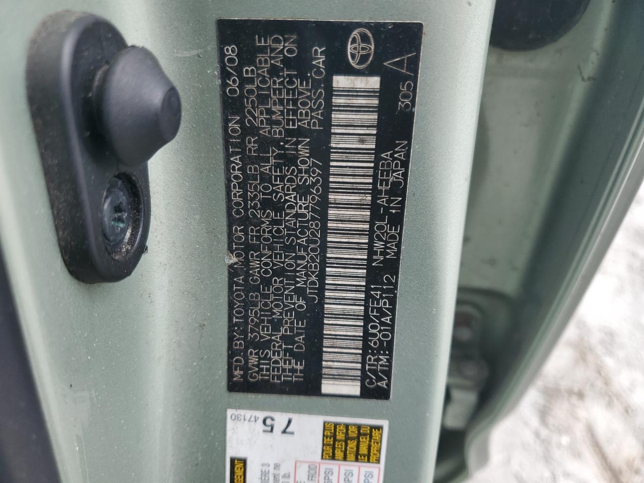 2008 Toyota Prius VIN: JTDKB20U287796397 Lot: 65498135