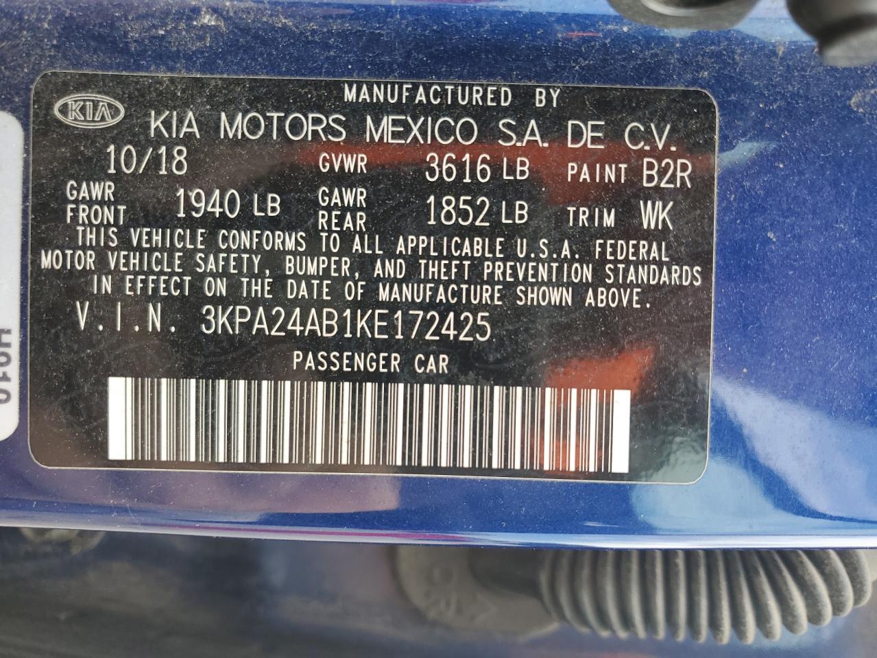 2019 Kia Rio S VIN: 3KPA24AB1KE172425 Lot: 63571835