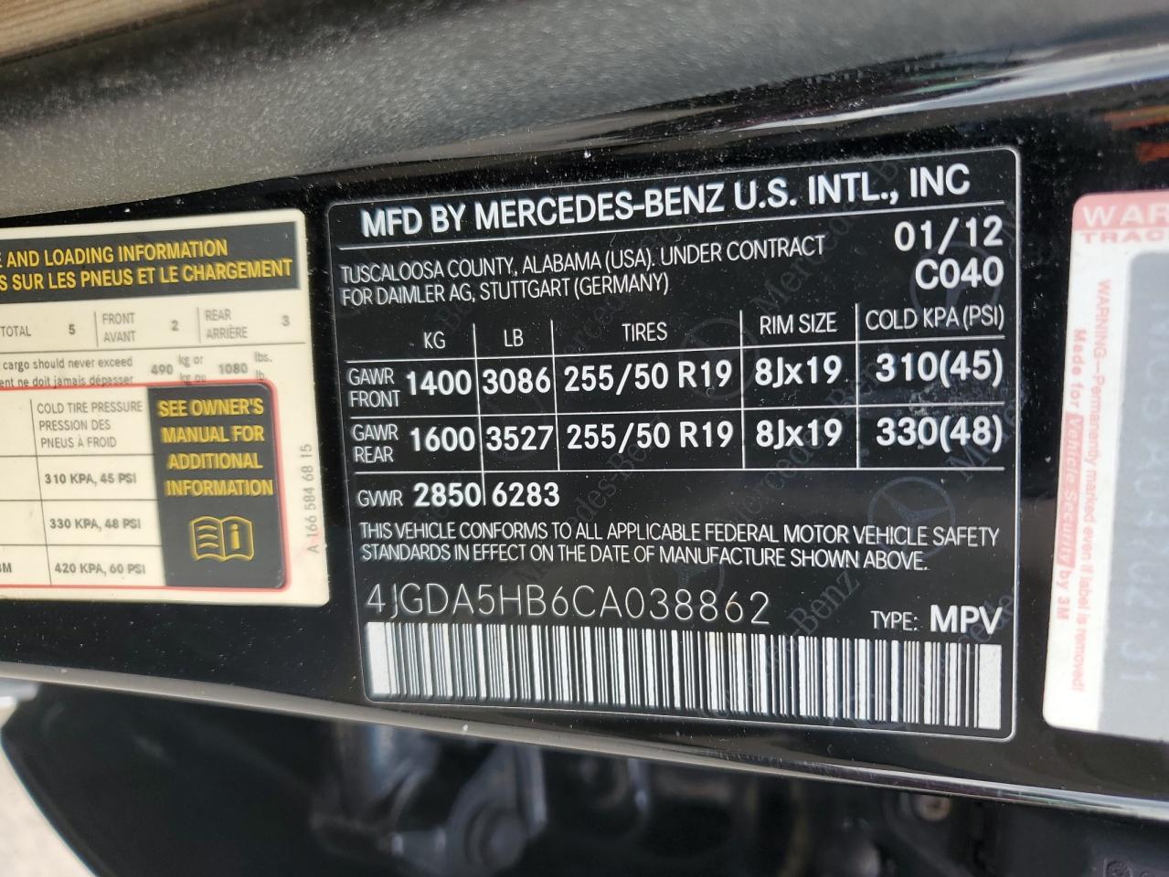 2012 Mercedes-Benz Ml 350 4Matic VIN: 4JGDA5HB6CA038862 Lot: 66019045