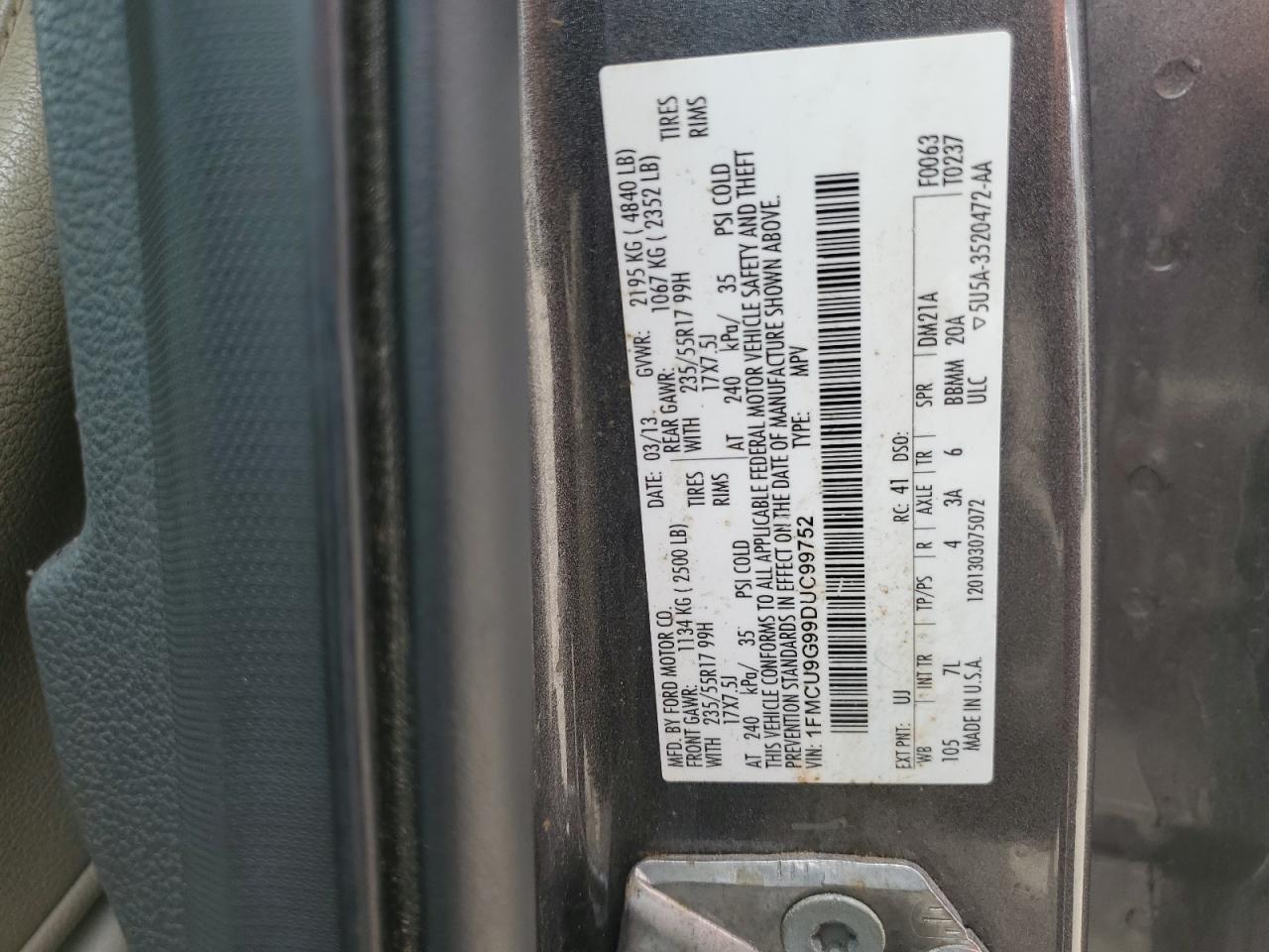 2013 Ford Escape Se VIN: 1FMCU9G99DUC99752 Lot: 64812585