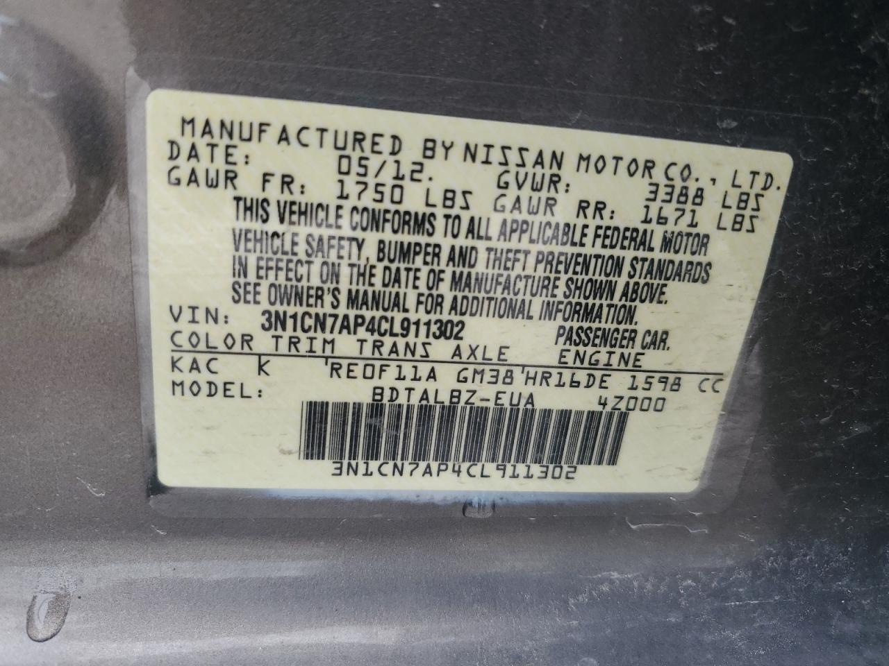 2012 Nissan Versa S VIN: 3N1CN7AP4CL911302 Lot: 62570615