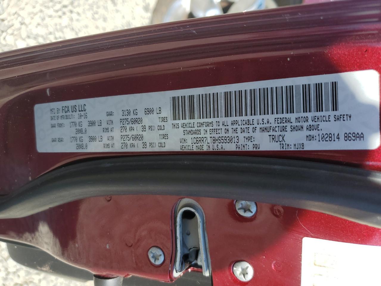 2017 Ram 1500 Slt VIN: 1C6RR7LT8HS593013 Lot: 64801065