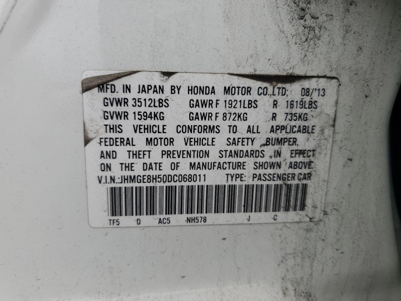 2013 Honda Fit Sport VIN: JHMGE8H50DC068011 Lot: 64613345