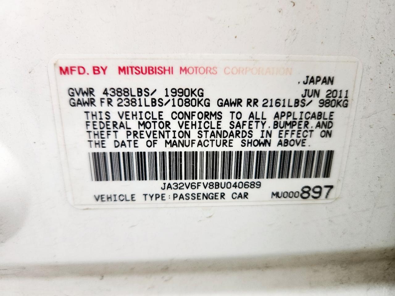 2011 Mitsubishi Lancer Ralliart VIN: JA32V6FV8BU040689 Lot: 64734555