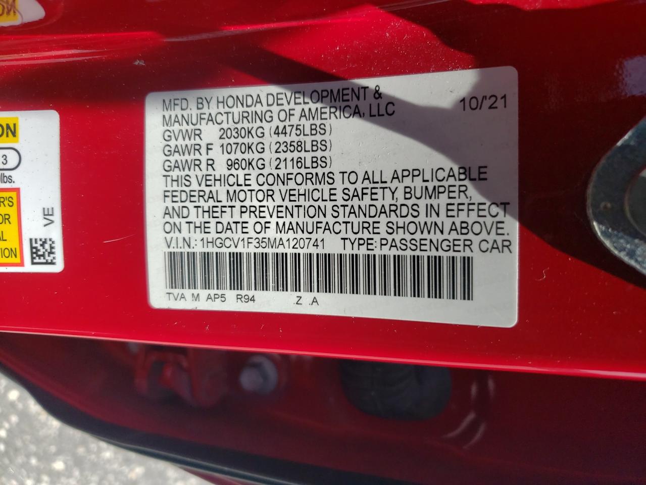 2021 Honda Accord Sport VIN: 1HGCV1F35MA120741 Lot: 64276585