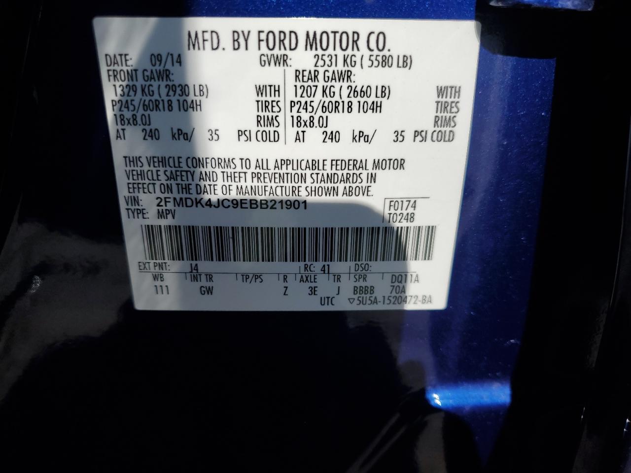 2014 Ford Edge Sel VIN: 2FMDK4JC9EBB21901 Lot: 65063805