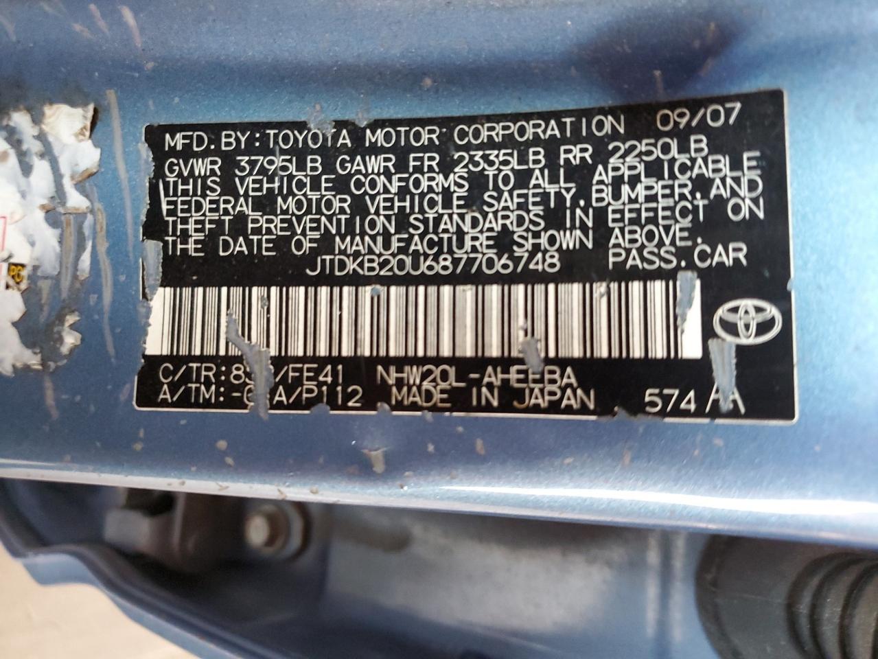 2008 Toyota Prius VIN: JTDKB20U687706748 Lot: 65092395