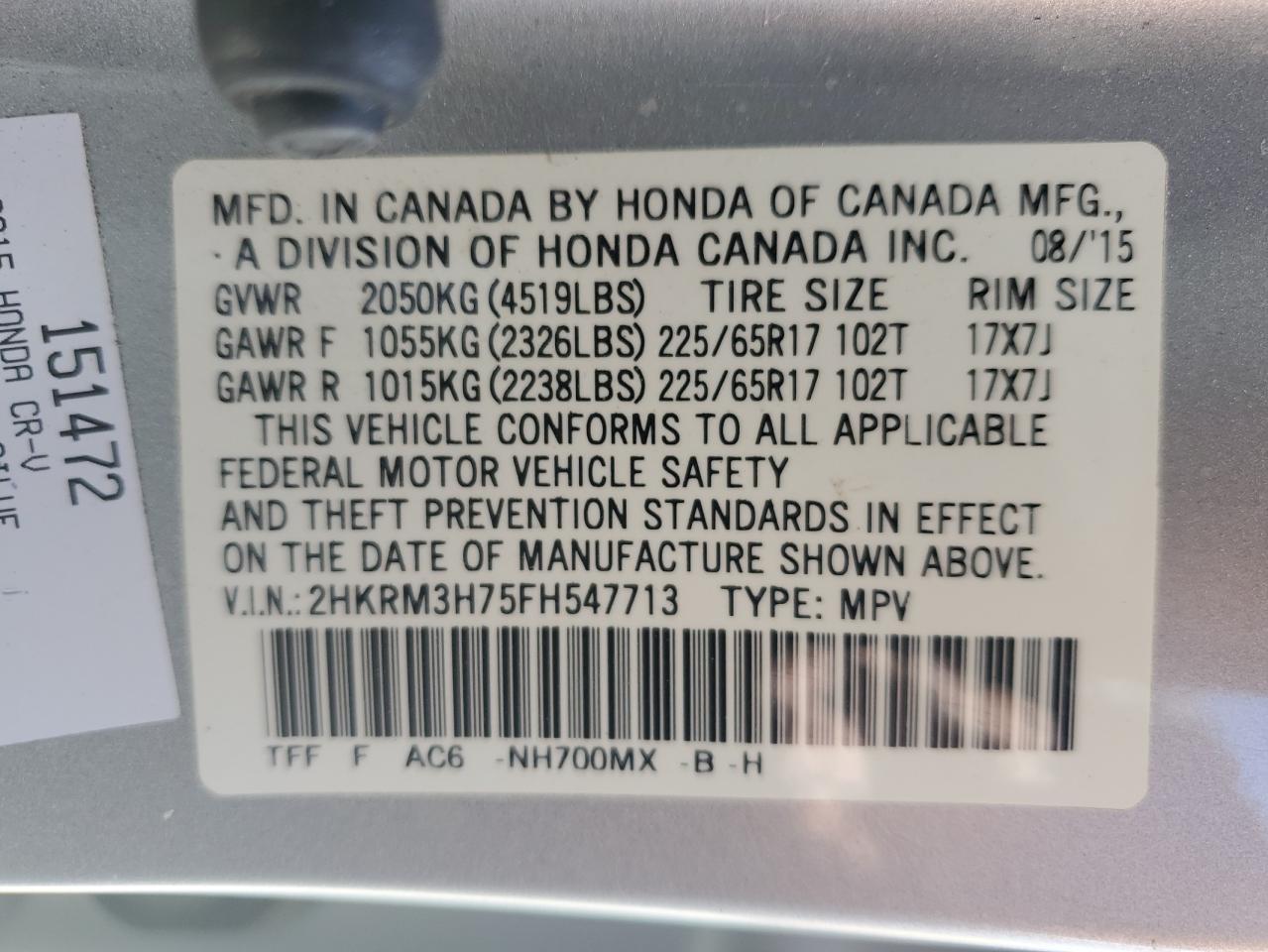 2015 Honda Cr-V Exl VIN: 2HKRM3H75FH547713 Lot: 64447155