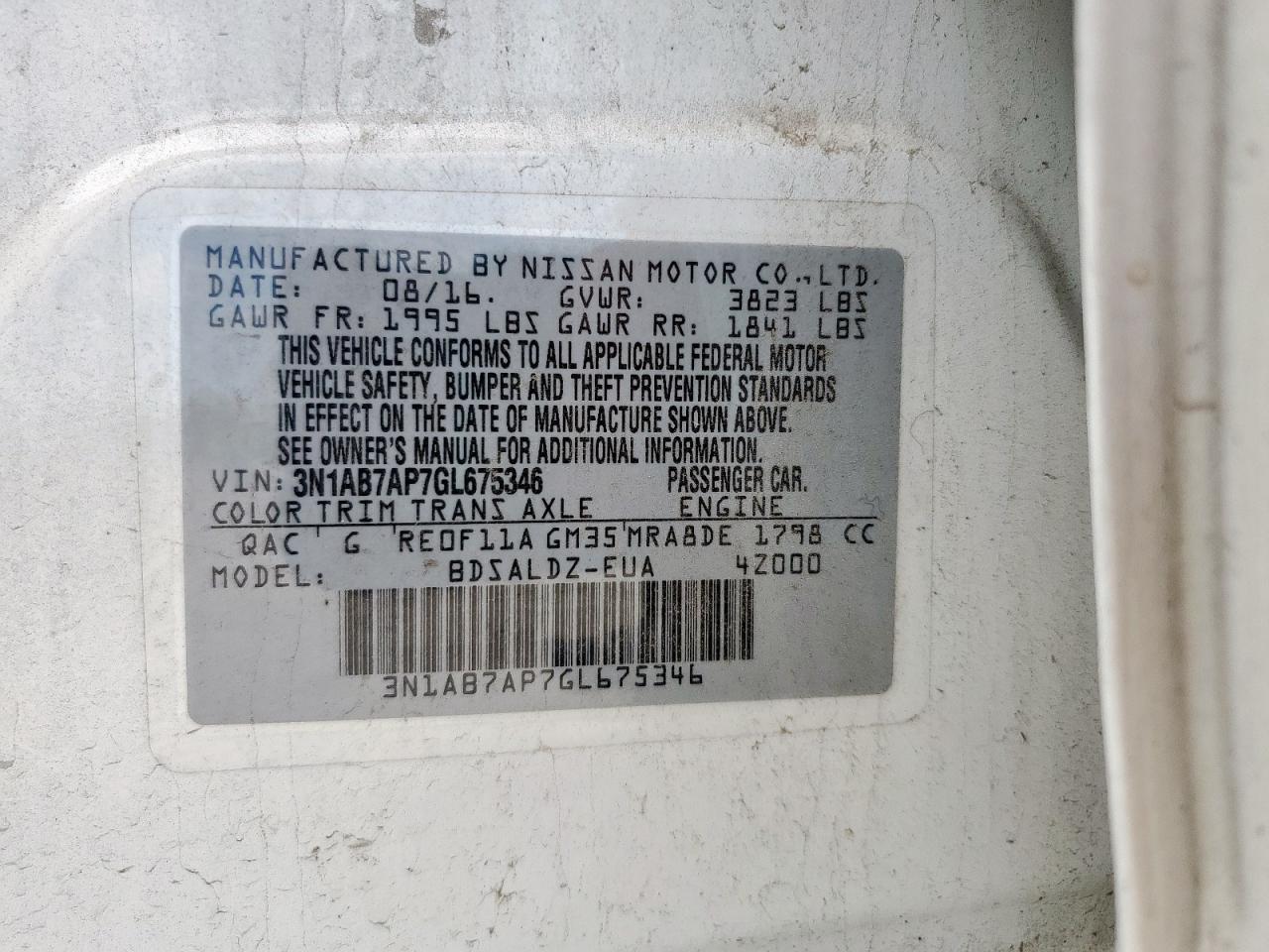 2016 Nissan Sentra S VIN: 3N1AB7AP7GL675346 Lot: 65630045