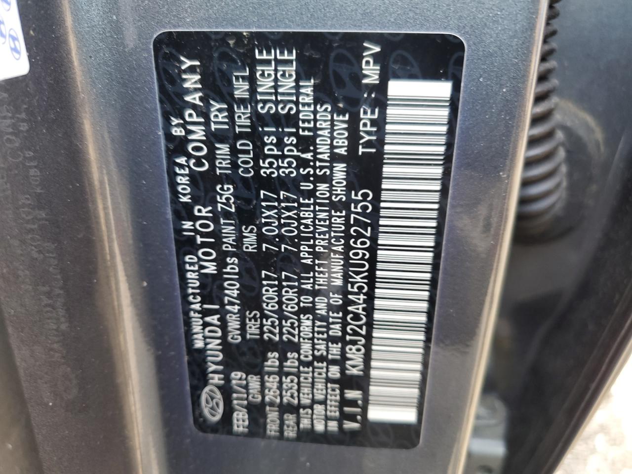 2019 Hyundai Tucson Se VIN: KM8J2CA45KU962755 Lot: 64880265