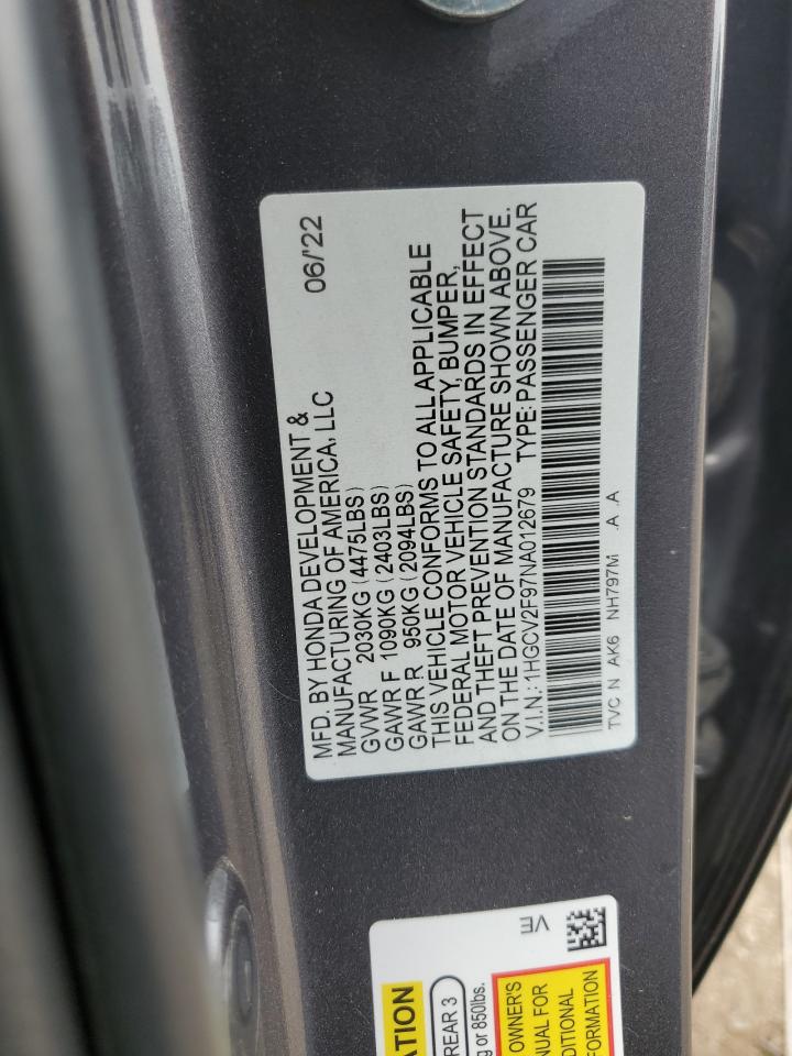 2022 Honda Accord Touring VIN: 1HGCV2F97NA012679 Lot: 63695585
