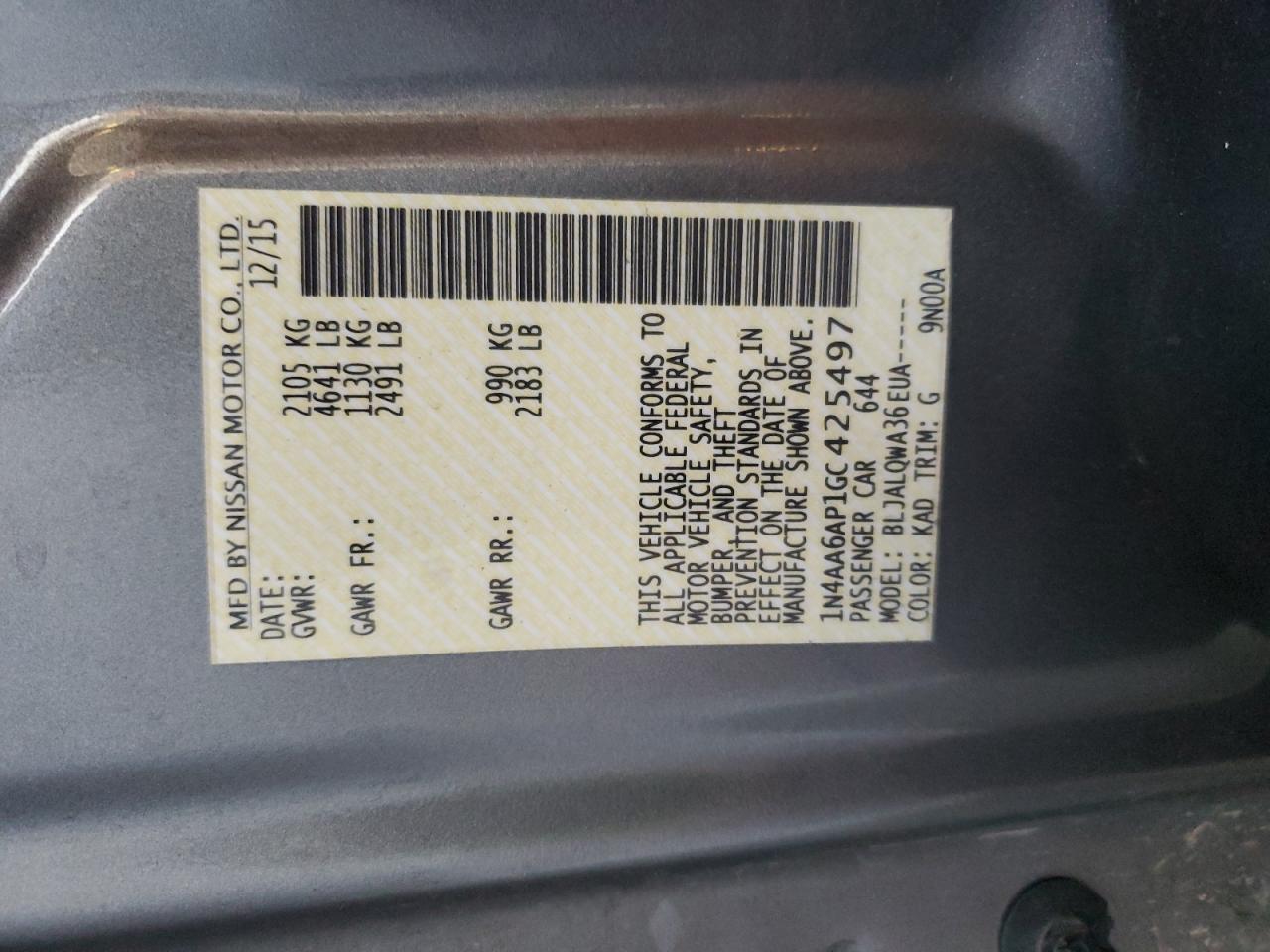 2016 Nissan Maxima 3.5S VIN: 1N4AA6AP1GC425497 Lot: 63340805
