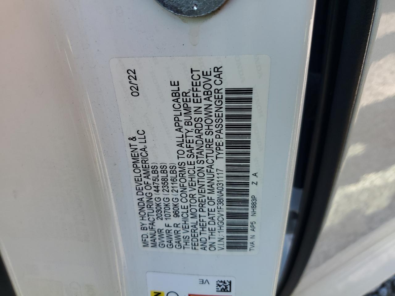 2022 Honda Accord Sport VIN: 1HGCV1F38NA031117 Lot: 65195695