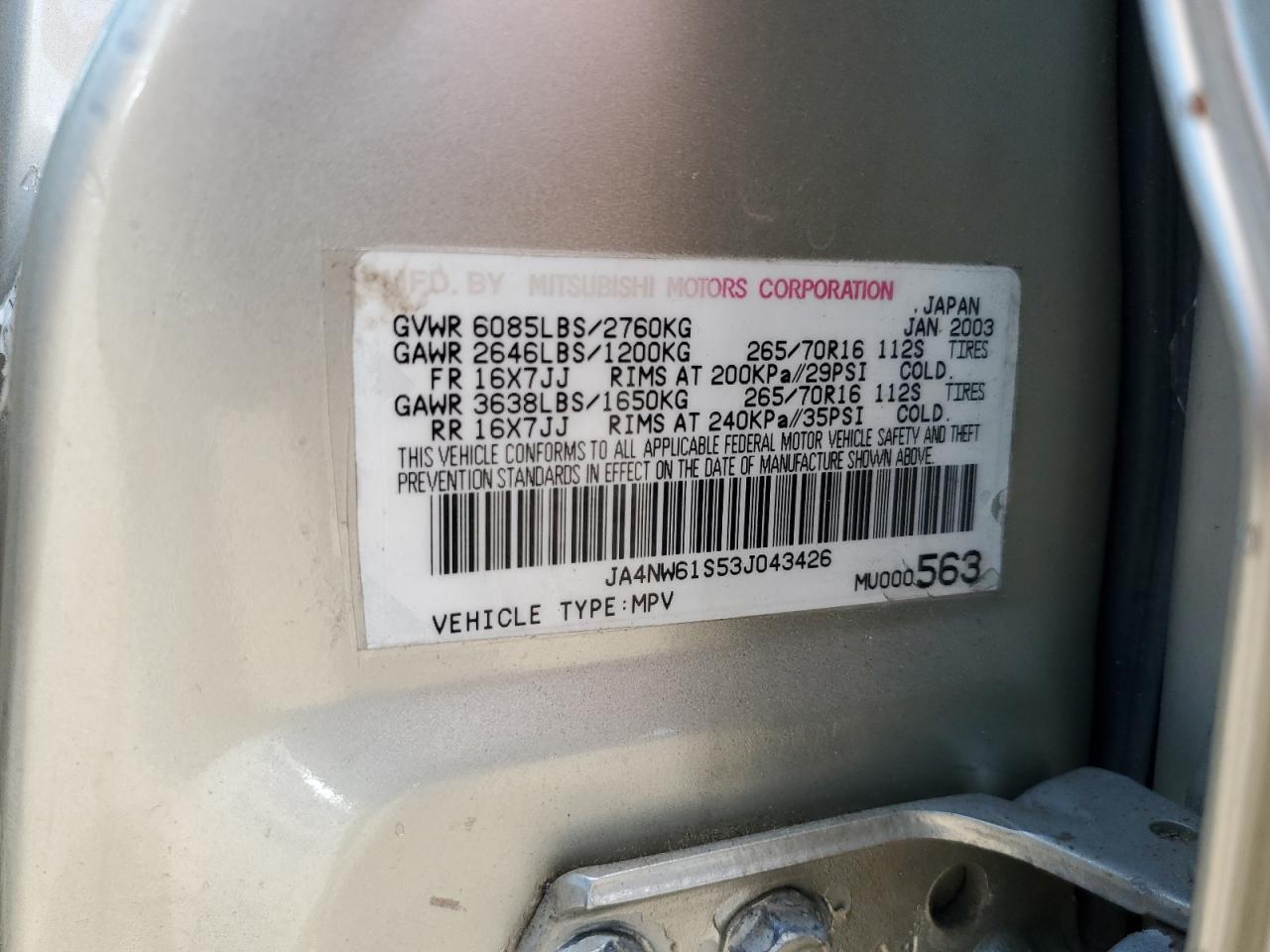 2003 Mitsubishi Montero 20Th Anniversary VIN: JA4NW61S53J043426 Lot: 63629805