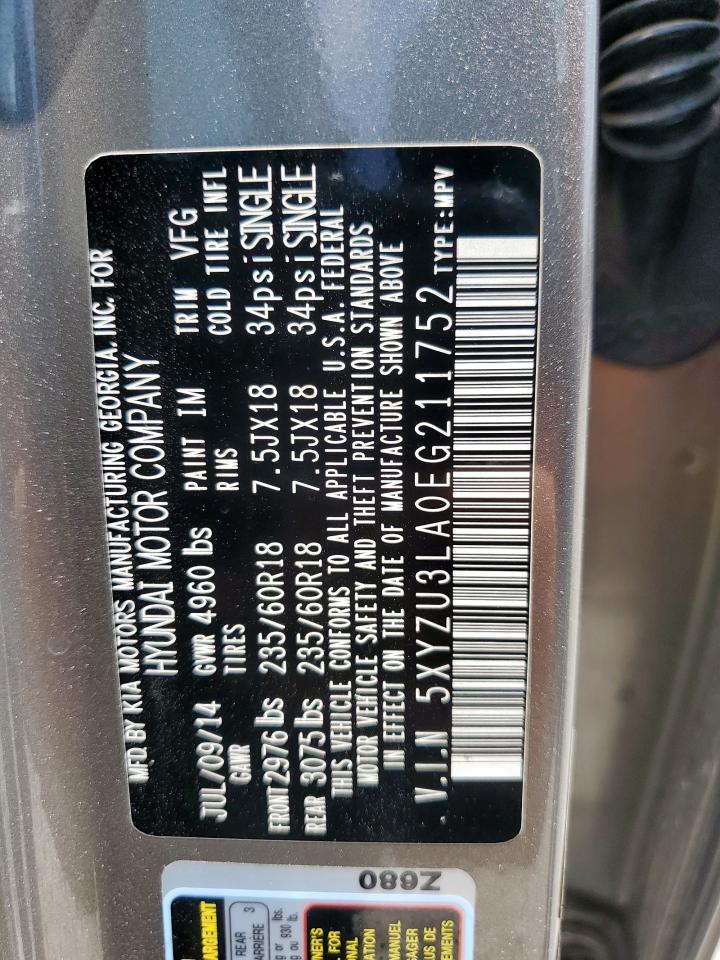2014 Hyundai Santa Fe Sport VIN: 5XYZU3LA0EG211752 Lot: 66657485