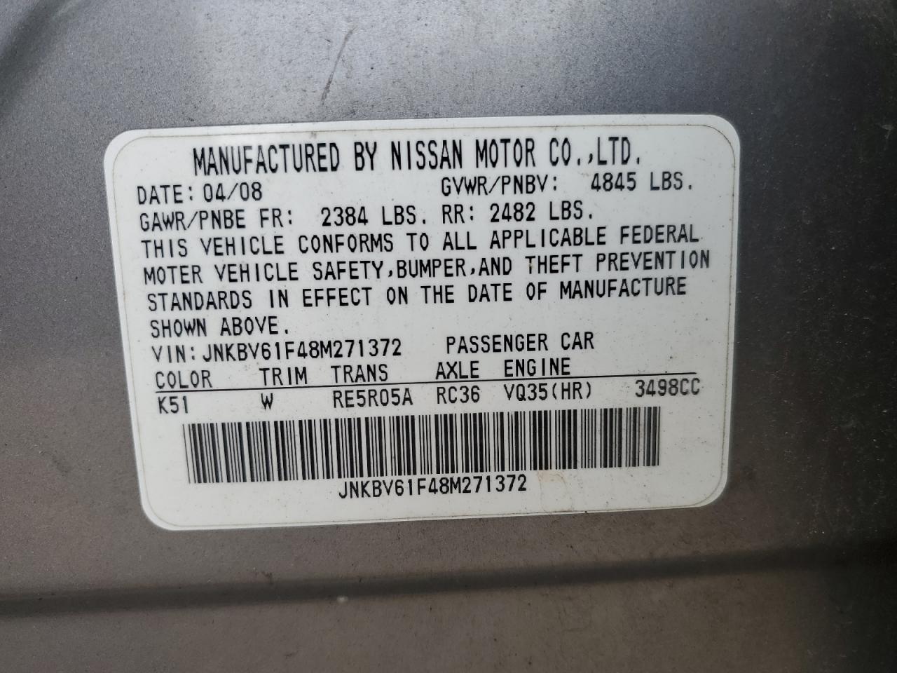 2008 Infiniti G35 VIN: JNKBV61F48M271372 Lot: 64350025