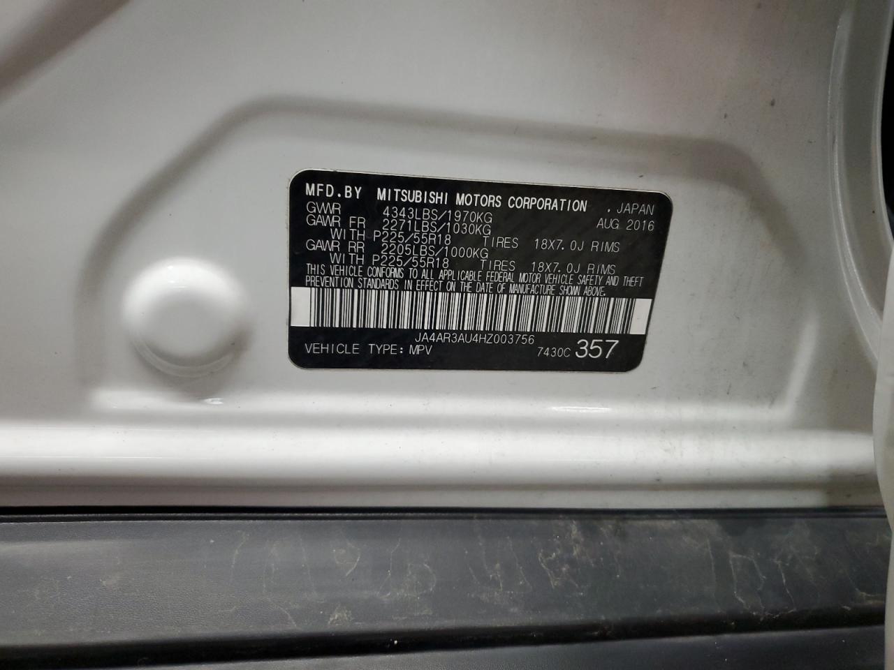 2017 Mitsubishi Outlander Sport Es VIN: JA4AR3AU4HZ003756 Lot: 64442335