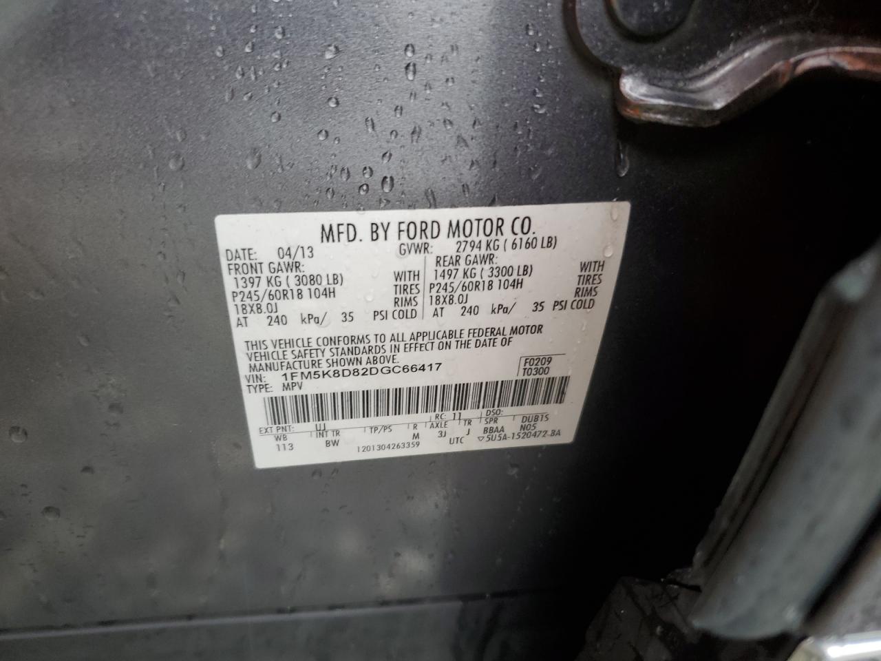 2013 Ford Explorer Xlt VIN: 1FM5K8D82DGC66417 Lot: 63662655